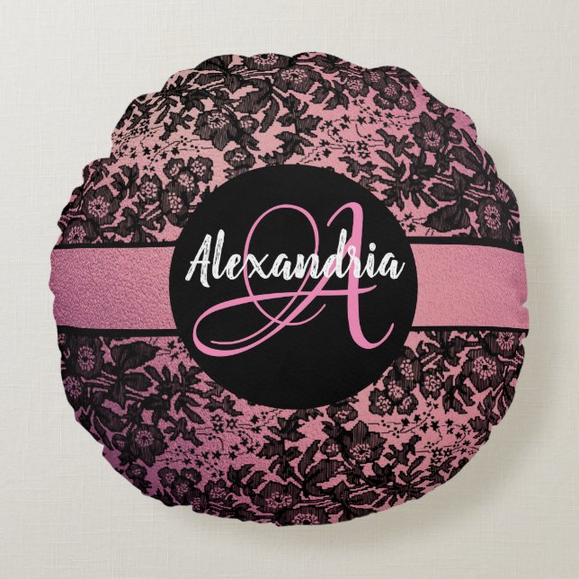 Stilvolle Rosa Blush Black Floral Monogram Rundes Kissen (Vorderseite)