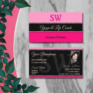 Stilvolle rosa Borders auf Black mit Monogram Foto Visitenkarte