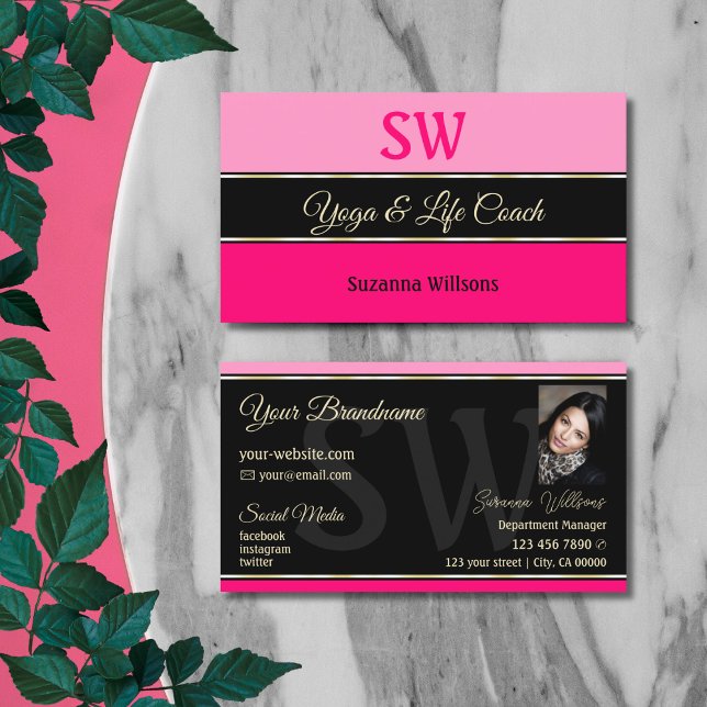 Stilvolle rosa Borders auf Black mit Monogram Foto Visitenkarte (Von Creator hochgeladen)