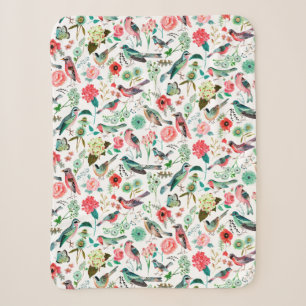 Stilvolle Rosa-en-Green-Muster Blume & Vögel Sherpadecke