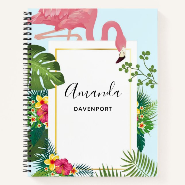 Stilvolle rosa Flamingo- und tropische Blätter Notizbuch (Vorderseite)