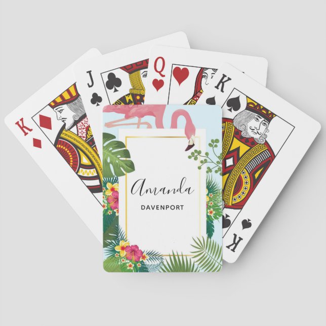 Stilvolle rosa Flamingo- und tropische Blätter Spielkarten (Rückseite)