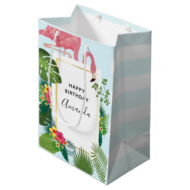 Stilvolle Rosa Flamingo und tropische Blätter zum  Mittlere Geschenktüte (Vorderseite Schrägansicht)