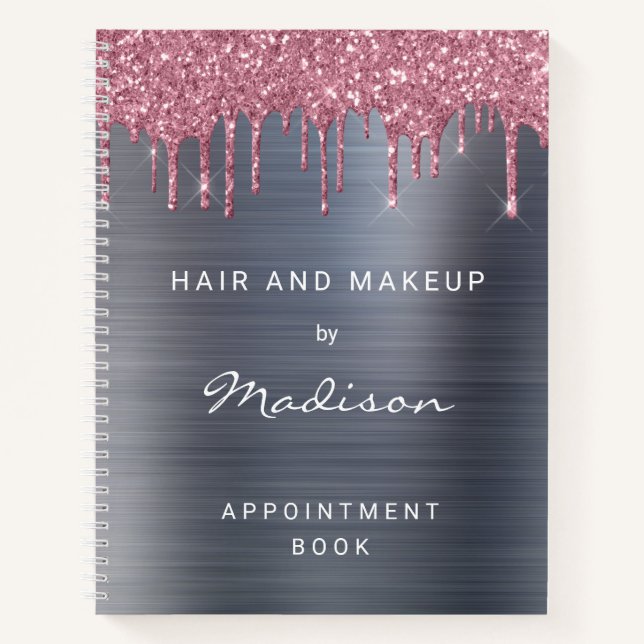 Stilvolle Rosa Glitter Drip Silver Ernennung Notizbuch (Vorderseite)