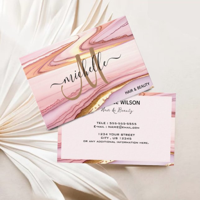 Stilvolle Rosa Gold Glitzer Marmor Agate Monogram Visitenkarte (Stylish Pink Gold Glitter Marble Agate Monogram Business Card)