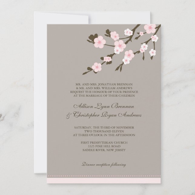 Stilvolle rosa Kirschblüten Einladung zur Hochzeit (Vorderseite)