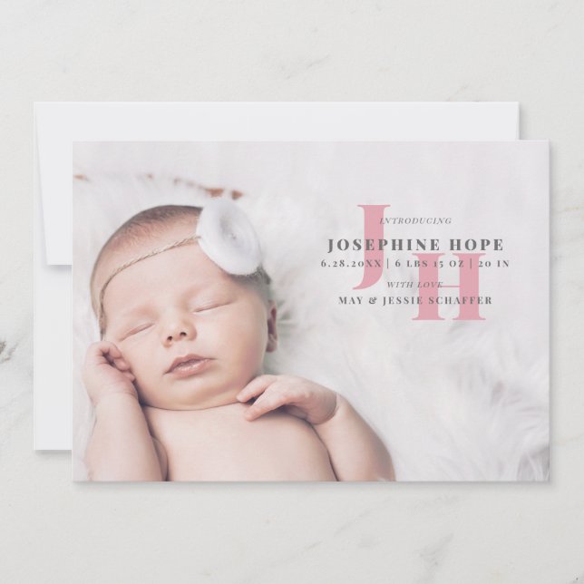 Stilvolle Rosa Monogram Baby Foto Birth Ankündigung (Vorderseite)