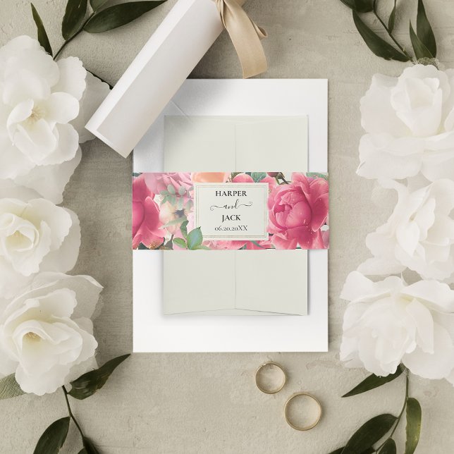 Stilvolle Rosa Rose Garden Gold Rahmen Wedding Einladungsbanderole (Stylish Pink Floral Rose Garden Gold Frame Wedding Invitation Belly Band
)