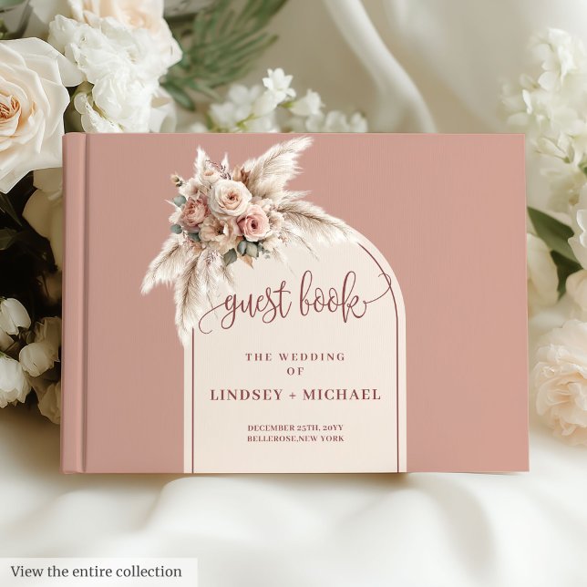Stilvolle Rosa Rose Pampas Arch Floral Wedding Gästebuch (Stylish Dusty Pink Rose Pampas Arch Floral Wedding Guest Book)
