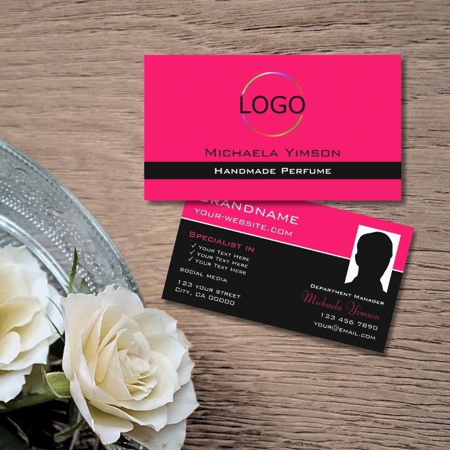 Stilvolle Rosa Schwarz mit Logo und Foto Beruflich Visitenkarte (Von Creator hochgeladen)