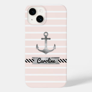Stilvolle rosa Streifen Wasserfarben Anker Maßgesc Case-Mate iPhone 14 Hülle