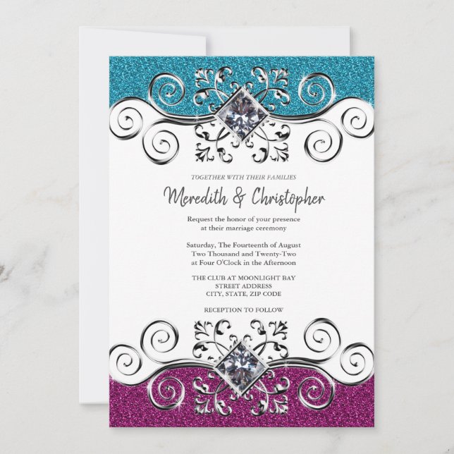 Stilvolle Rosa und Blauer Glitzer Silver Bling Wed Einladung (Vorderseite)