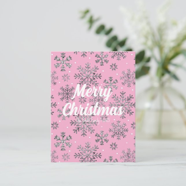 Stilvolle Rosa Weihnachtskarte mit eleganten Schne Postkarte (Stehend Vorderseite)