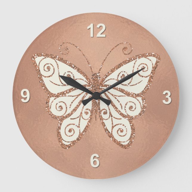 Stilvolle Rose Gold Butterfly Wall Uhr (Vorderseite)
