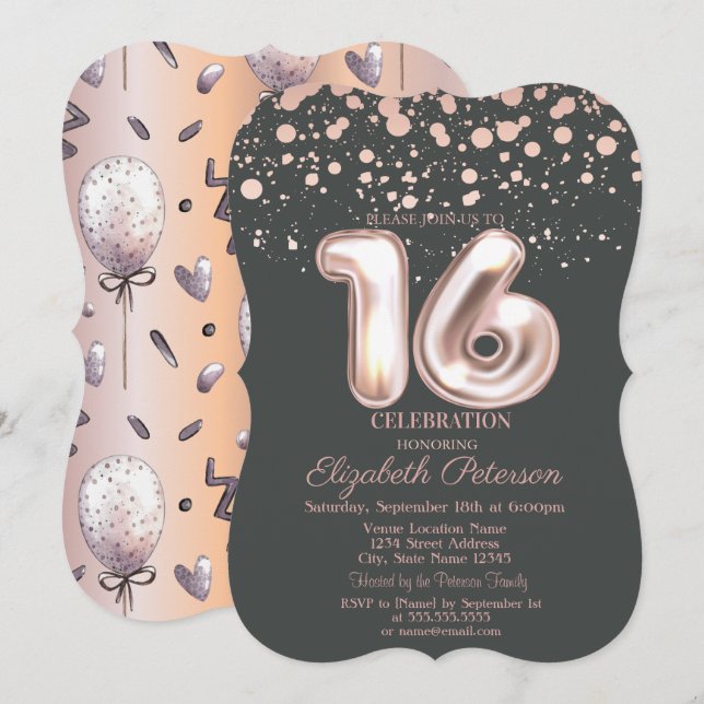 Stilvolle Rose Gold Dot, Balloons Sweet 16 Einladung (Vorne/Hinten)
