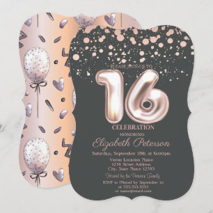 Stilvolle Rose Gold Dot, Balloons Sweet 16 Einladung