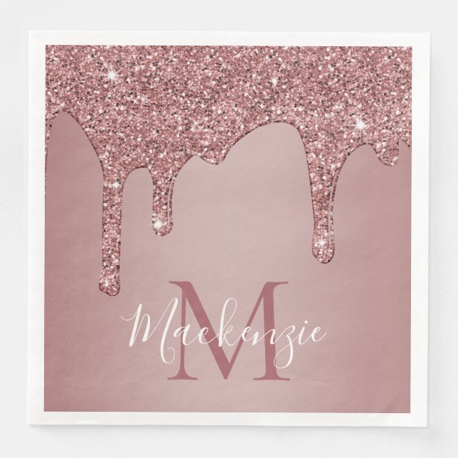 Stilvolle Rose Gold Dripping Glitzer Monogram Serviette (Vorderseite)