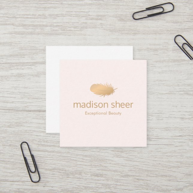 Stilvolle Rose Gold Feather Light Blush Pink Quadratische Visitenkarte (Vorderseite/Rückseite Beispiel)