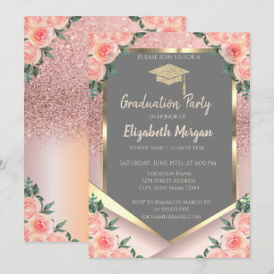 Stilvolle Rose Gold Glitzer Floral Abschluss Einladung