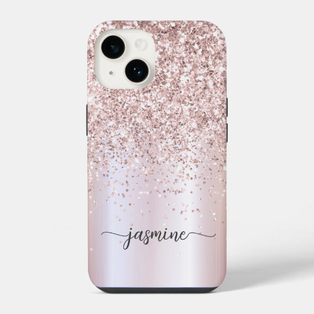 Stilvolle Rose Gold Glitzer Monogram Name Script iPhone 14 Hülle (Rückseite)