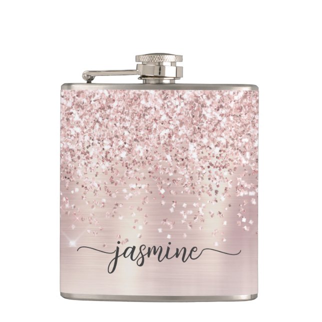 Stilvolle Rose Gold Glitzer Monogram Name Signatur Flachmann (Vorderseite)