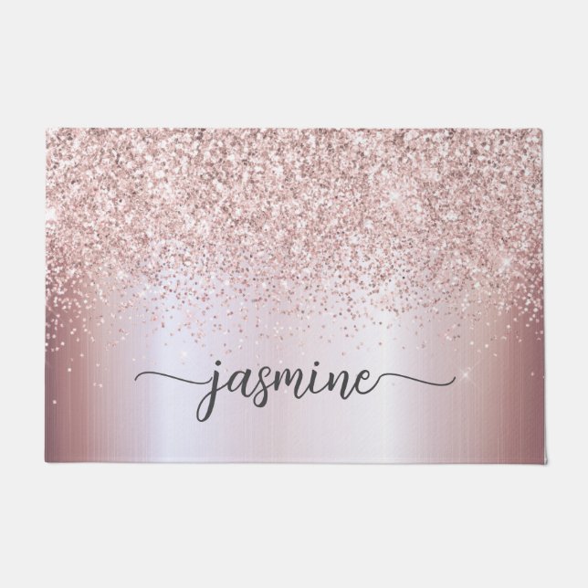 Stilvolle Rose Gold Glitzer Monogram Name Signatur Fußmatte (Vorderseite)
