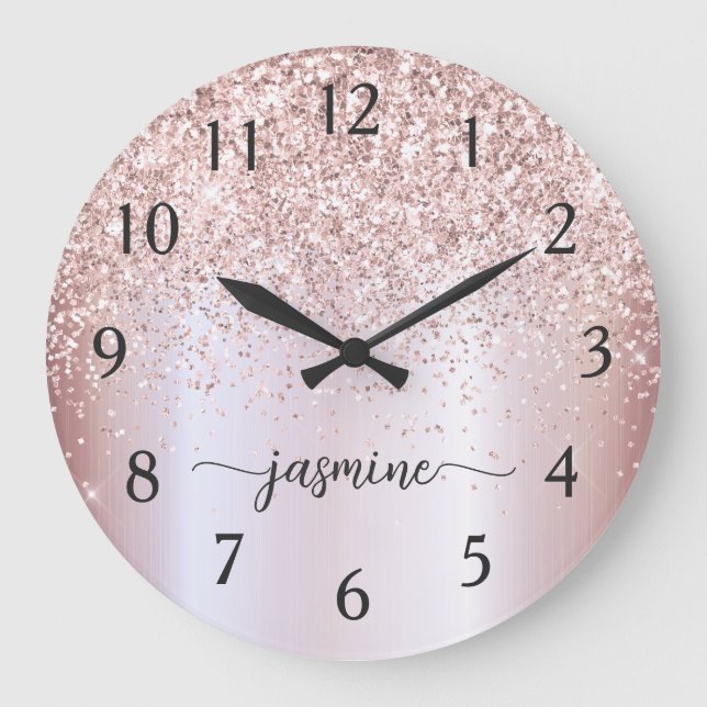 Stilvolle Rose Gold Glitzer Monogram Name Signatur Große Wanduhr (Vorderseite)