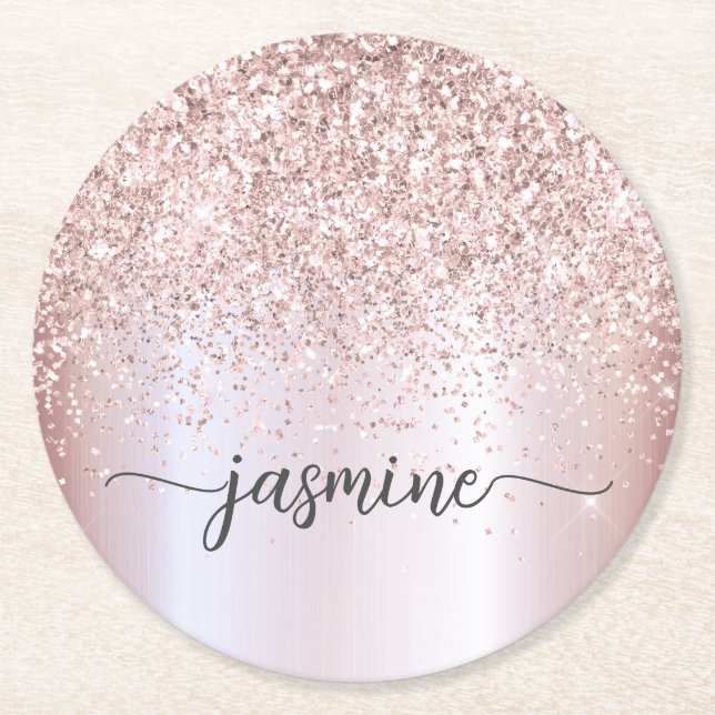 Stilvolle Rose Gold Glitzer Monogram Name Signatur Runder Pappuntersetzer (Vorderseite)