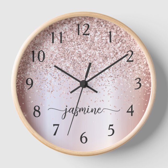 Stilvolle Rose Gold Glitzer Monogram Name Signatur Uhr (Vorderseite)