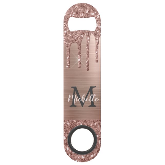 Stilvolle Rose Gold Glitzer Tropfen Mit Monogramm Speed Flaschenöffner (Vorderseite)