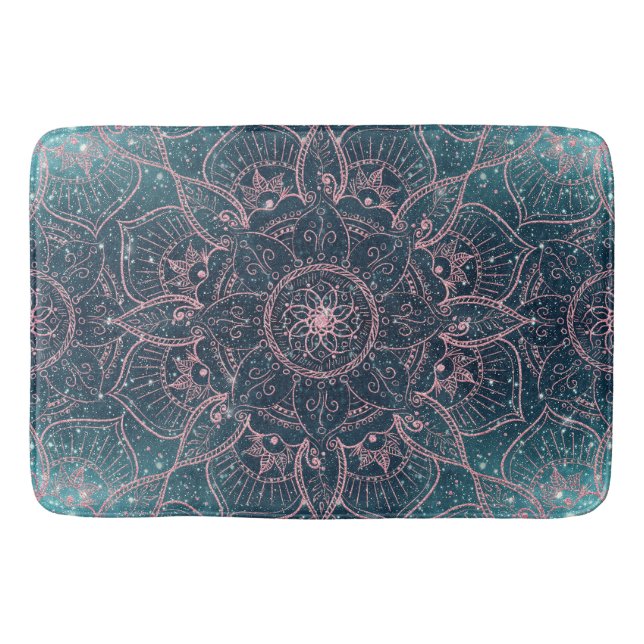 Stilvolle Rose Gold Mandala Blauer Nebel Sterne Badematte (Vorderseite)