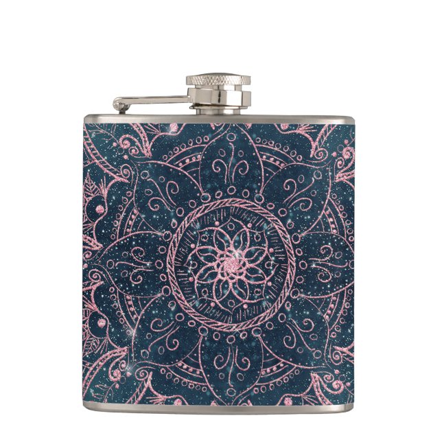 Stilvolle Rose Gold Mandala Blauer Nebel Sterne Flachmann (Vorderseite)