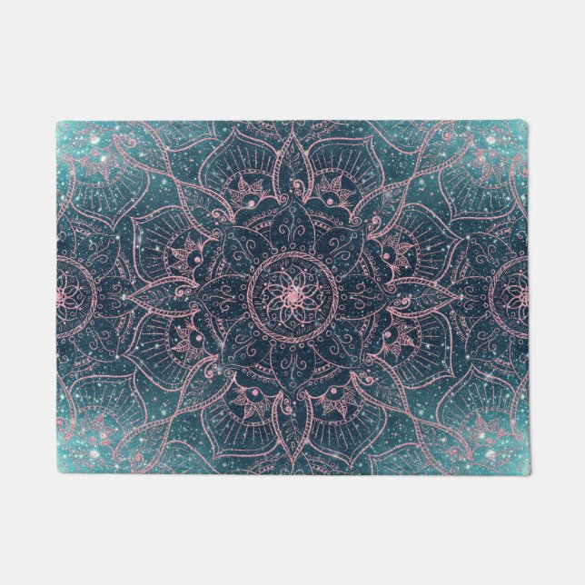 Stilvolle Rose Gold Mandala Blauer Nebel Sterne Fußmatte (Vorderseite)