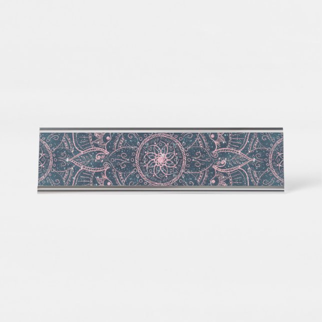 Stilvolle Rose Gold Mandala Blauer Nebel Sterne Schreibtischnamensplakette (Vorderseite )