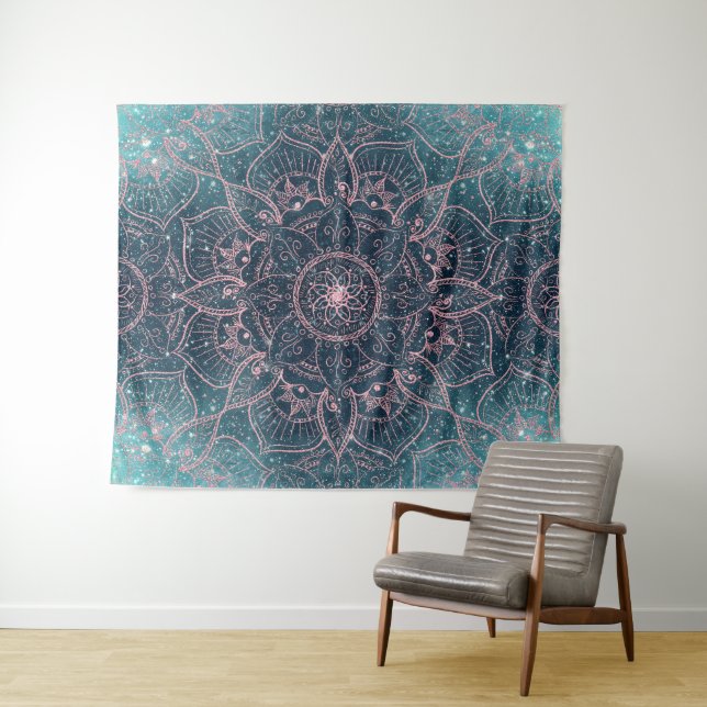 Stilvolle Rose Gold Mandala Blauer Nebel Sterne Wandteppich (Beispiel (Horizontal))
