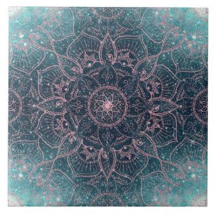 Stilvolle Rose Gold Mandala Blauer Nebel Sternende Fliese