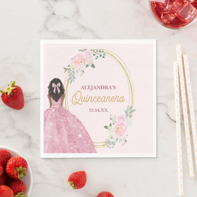 Stilvolle Rose Gold Wasserfarbe Rose Quinceanera Serviette (Beispiel)