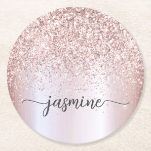 Stilvolle Roségold Glitter Monogramm Namensuntersc Runder Pappuntersetzer