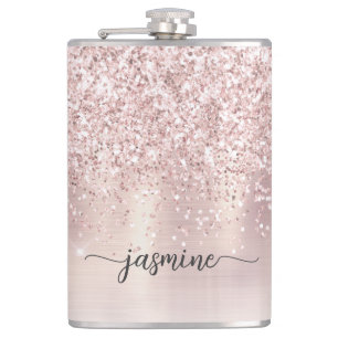 Stilvolle roségoldene Glitter-Monogramm-Namensunte Flachmann