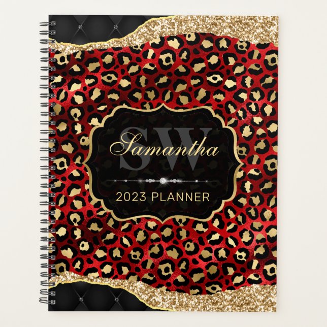 Stilvolle Rot-Gold-Foil-Leopard-Spots Monogramm Planer (Vorderseite)