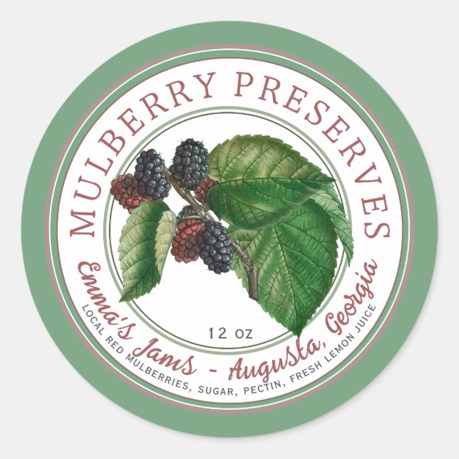 Stilvolle Rote Mulberry-Marmelade oder Reserven Runder Aufkleber (Vorderseite)