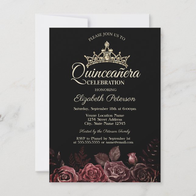 Stilvolle Rote Rosen Gothic Quinceañera Einladung (Vorderseite)
