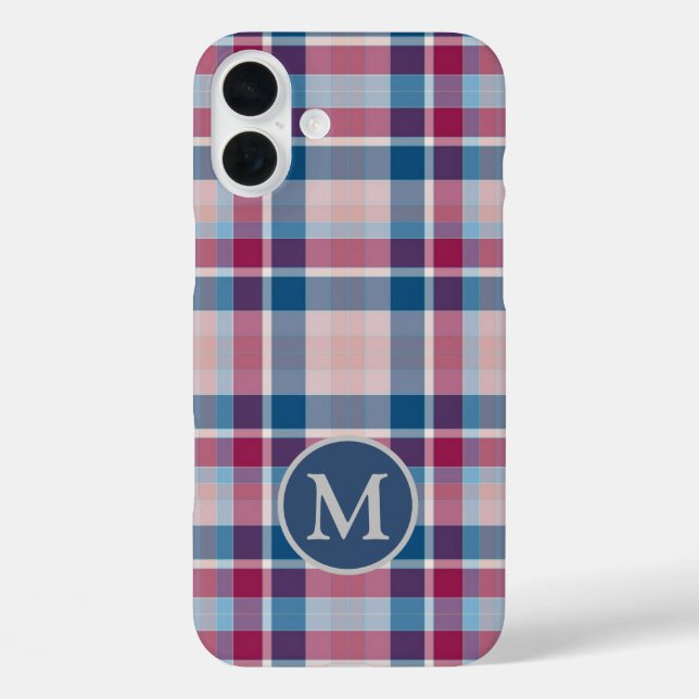 Stilvolle rote und blaue Karierte Monogramm iPhone 16 Plus Hülle (Rückseite)