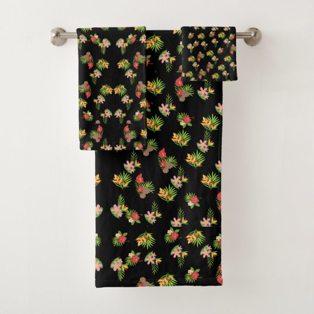 Stilvolle rote und rosa Wildblume auf schwarz Badhandtuch Set (Insitu)