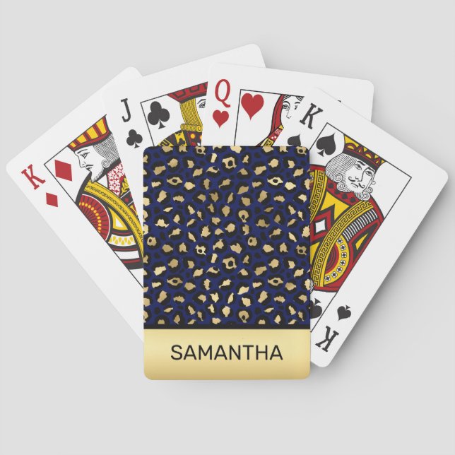 Stilvolle Royal Blue and Gold Foil Leopard Spots Spielkarten (Rückseite)