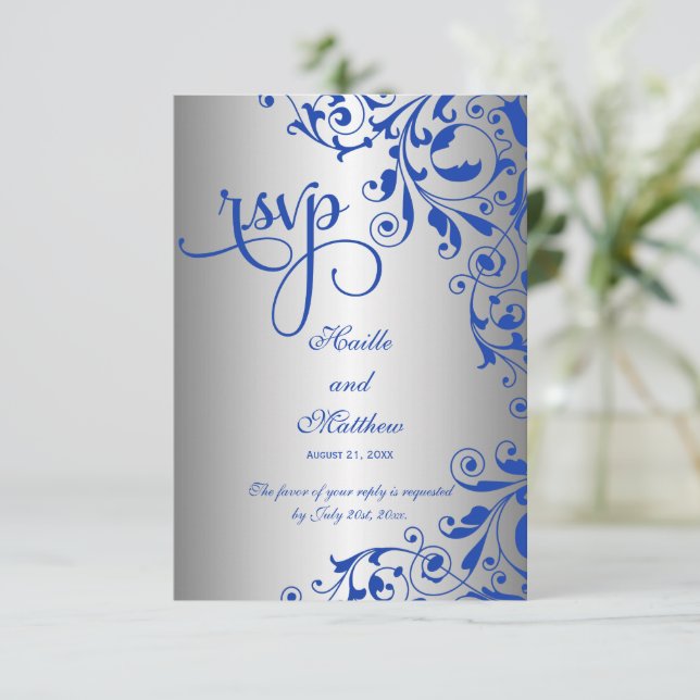 Stilvolle Royal Blue and Silver Wirbel UAWG RSVP Karte (Stehend Vorderseite)