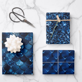 Stilvolle Royal Blue Dragon & Mermaid Scales Glitz Geschenkpapier Set