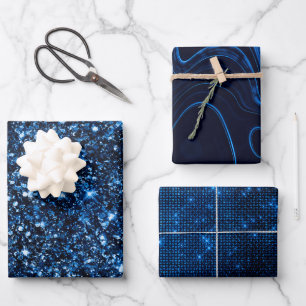 Stilvolle Royal Blue Glitzer- und Strata-Muster Geschenkpapier Set