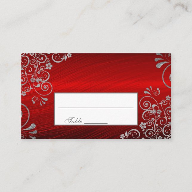 Stilvolle Ruby Red Gray Floral Swirl Wedding Platzkarte (Vorderseite)
