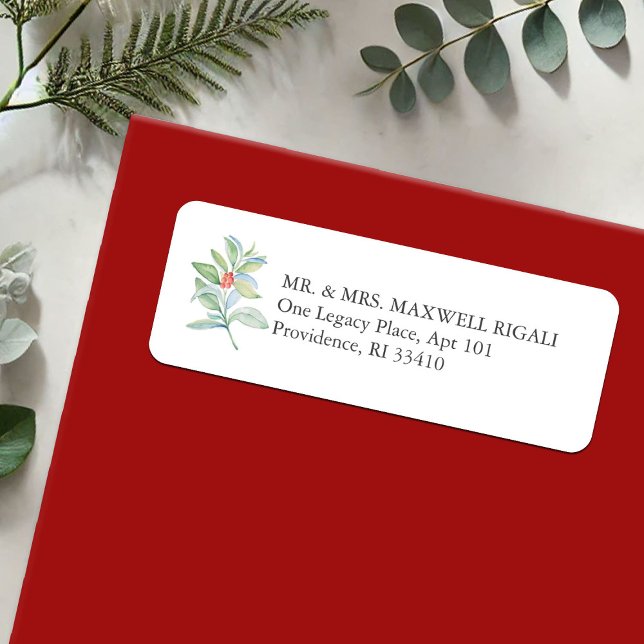 Stilvolle Rücksendeadressen-Aufkleber Weihnachten (Christmas return address labels watercolor red and green foliage and berries by Victoria Grigaliunas)